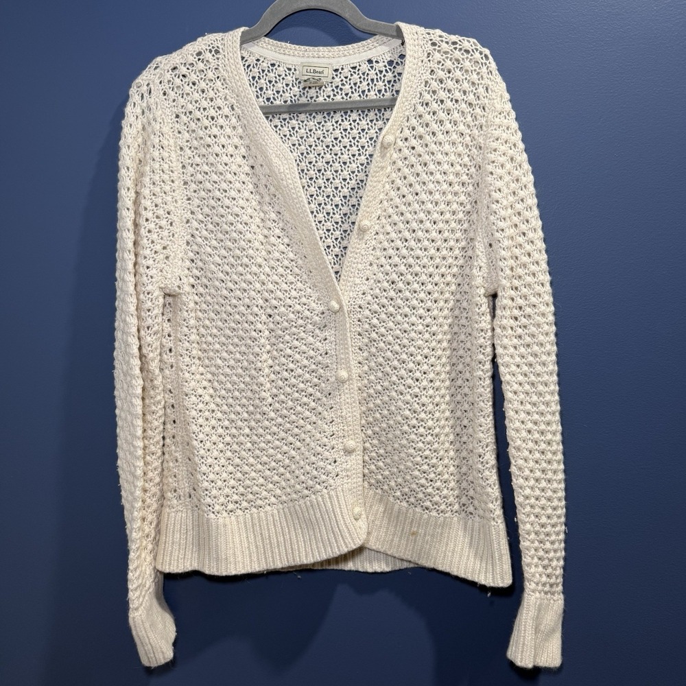 LL BEAN Sweater Womens XL Wool Angora Blend Bobble Crochet Open Front Off White